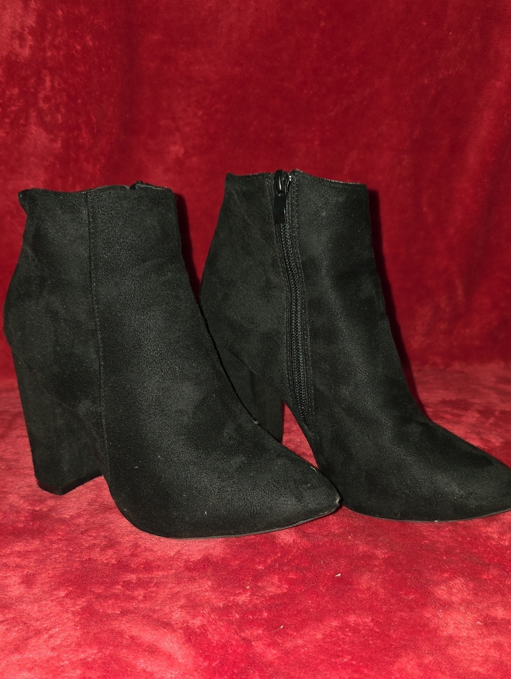 SHEIN Black Suede Pointed Toe Block Heel Ankle Boots